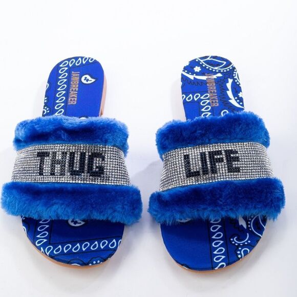 THUG LIFE Faux Fur Blue Bandana Slide - Picture 1 of 12